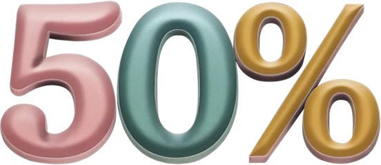 Bold 50% Text In Soft Pastel Tones isolated on transparent background, Png file