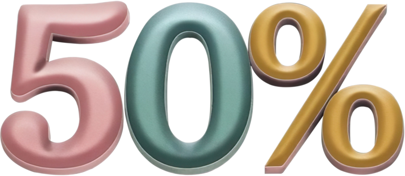 Bold 50% Text In Soft Pastel Tones isolated on transparent background, Png file