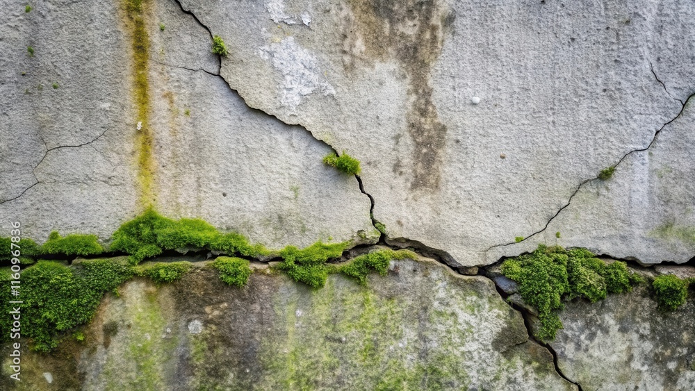 Poster close-up of a weathered concrete wall with a large crack running through it, green moss growing in t