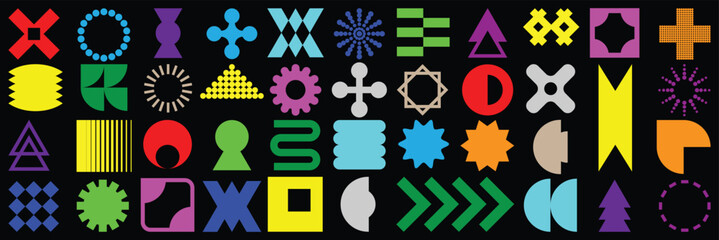 Abstract y2k shapes, retro geometric figures and forms, stickers and badges, stars, wavy lines. Vector illustration, set of decorative design elements. EPS 10