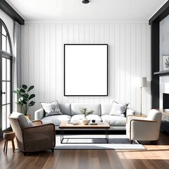 Modern Living Room Mockup: Elegant and airy living room interior design with a large square frame mockup above a light gray sofa, perfect for showcasing artwork or design concepts.