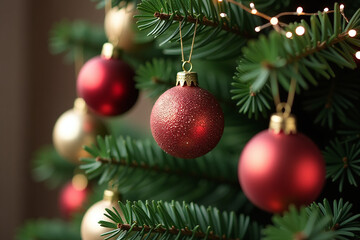 Fototapeta premium small decorative balls hang christmas tree various colors shapes ornaments garland surrounding