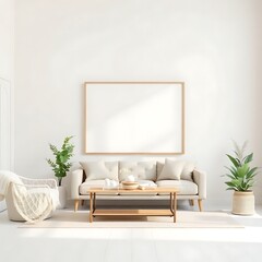 Minimalist Living Room Mockup: A serene and stylish living room with a large framed canvas, perfect for showcasing your art, photography, or designs. The room features a comfortable sofa.