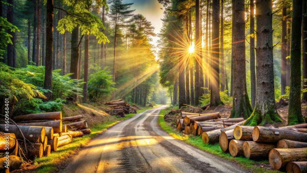 Poster sunlight streams through a dense forest, illuminating a winding dirt road and illuminating felled lo