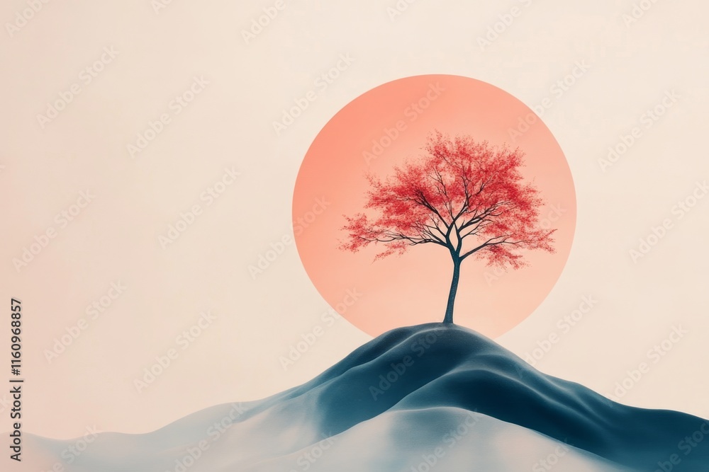 Poster a minimalist illustration of a single tree on a hill under a glowing sun, with clean lines and soft 
