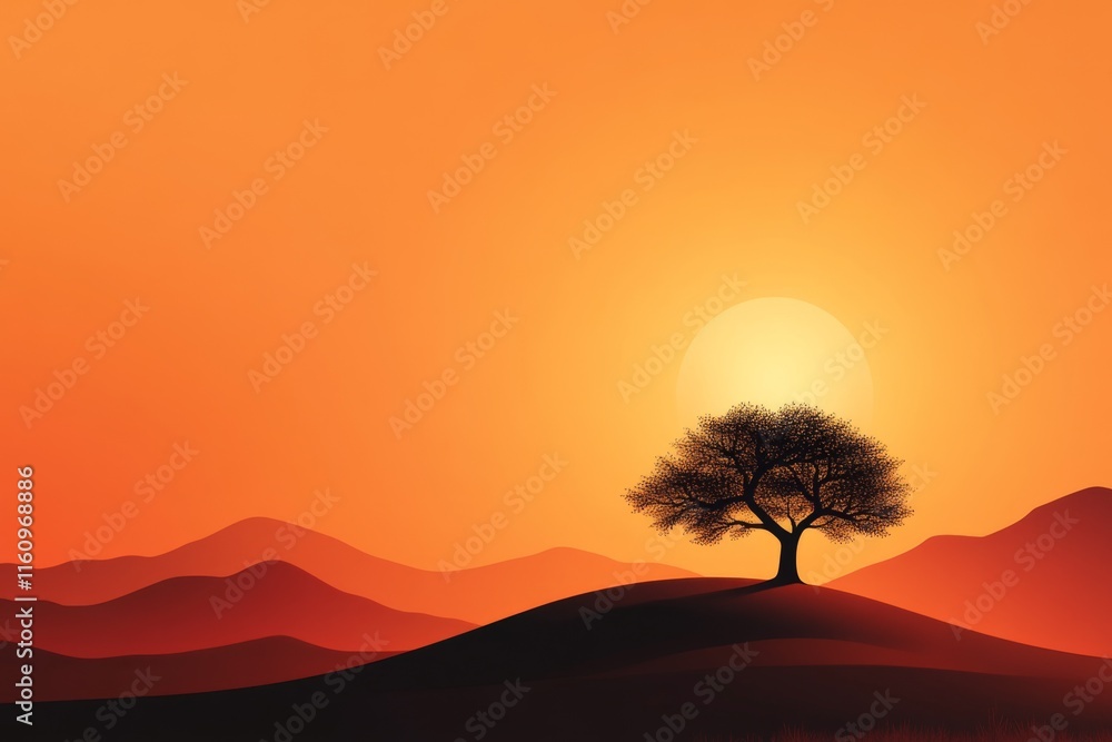 Poster a minimalist illustration of a single tree on a hill under a glowing sun, with clean lines and soft 