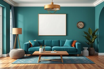 Teal Living Room Mockup: Elegant interior design showcasing a teal velvet sofa, a large blank canvas, and stylish accessories. Perfect for showcasing artwork, branding, or design concepts. 
