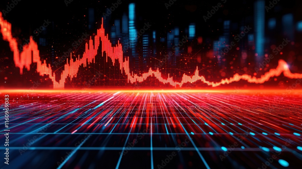 Poster intricate digital financial graph with red lines and data visuals