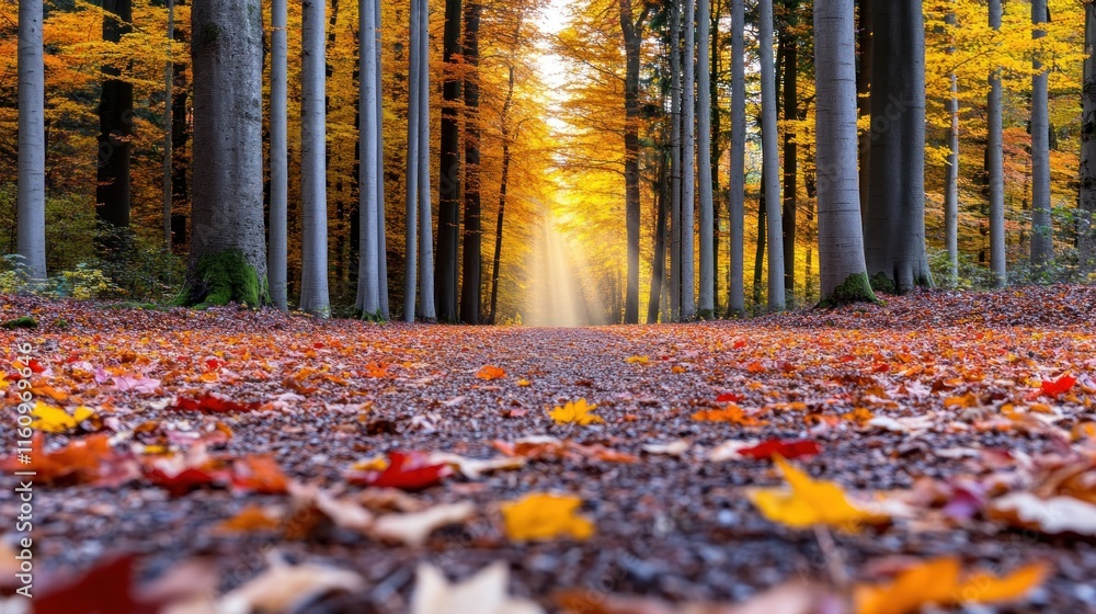 Poster autumn forest path with colorful leaves and sunlight filtering through.