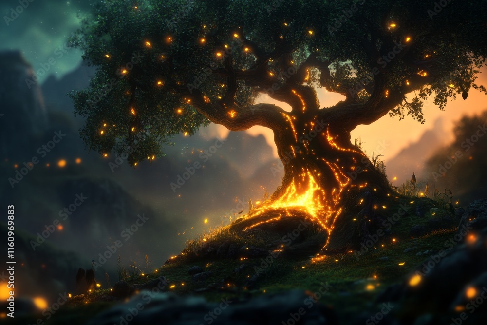 Poster a mystical tree glowing with magical energy, its roots spreading light and life to the surrounding f