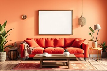 Cozy Living Room with Blank Canvas Mockup: A vibrant orange living room with a comfy red sofa and a large blank canvas, perfect for showcasing artwork, photography or design projects.
