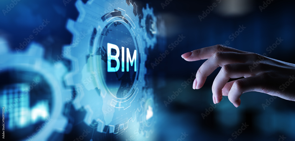 Poster bim building information modeling technology concept on virtual screen.