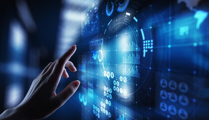 Business intelligence Marketing strategy Trading investment application on virtual screen. Technology concept.
