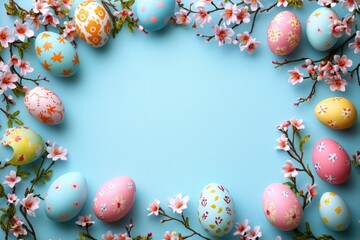 Colorful Easter eggs arranged on a blue background with cherry blossoms creating a festive and cheerful atmosphere