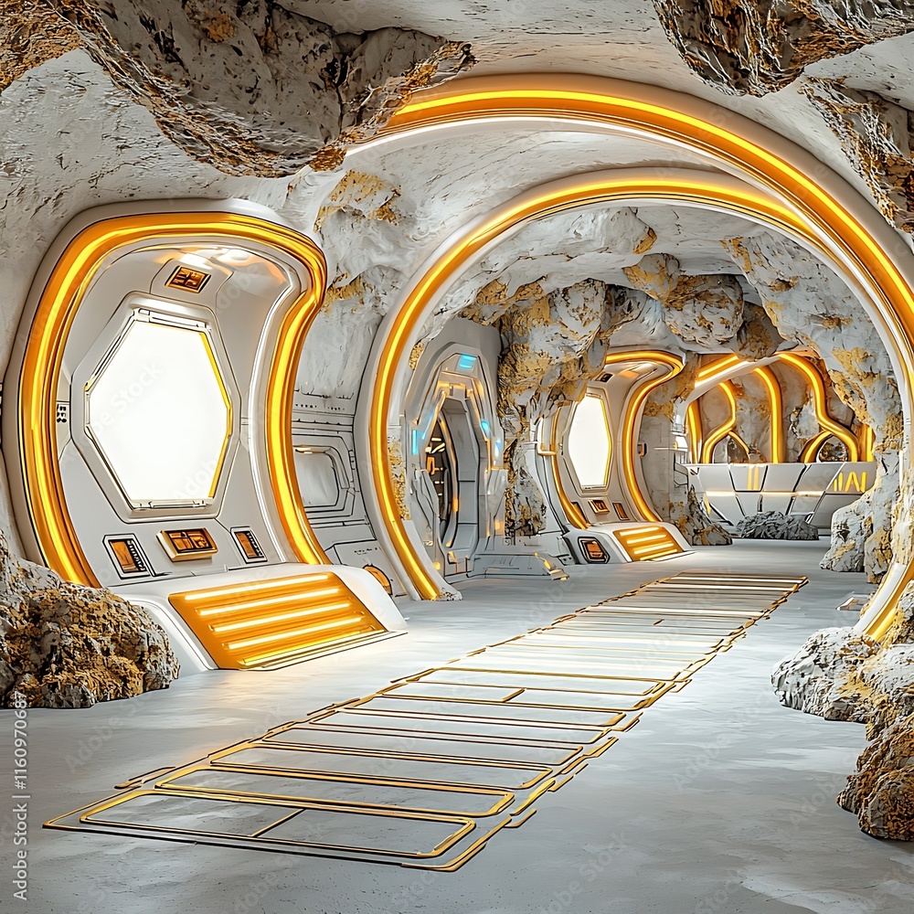 Poster futuristic sci-fi interior with bright lighting and organic rock formation in an imaginary space env