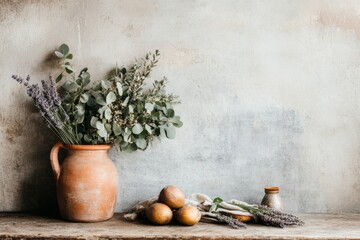 A peaceful Ikebana setup with lavender sprigs and eucalyptus leaves, arranged in a rustic clay pot