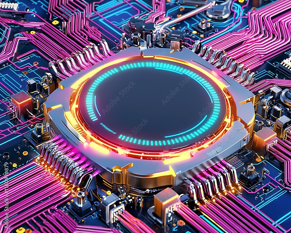 Poster futuristic microprocessor in neon circuit board with bright colors and advanced technology illustrat