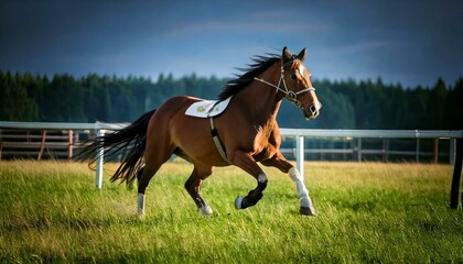 a horse is running in a horse race, the life of the farm, horses during training and competition 