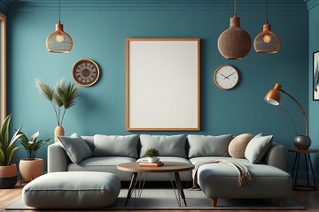 Teal Living Room Mockup: Elegant and serene teal living room interior design with a large frame mockup, perfect for showcasing artwork or design concepts.