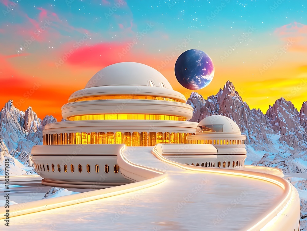 Aufkleber futuristic architectural landscape featuring white domed structures against a vibrant sky with celes