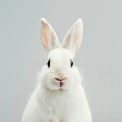 Fototapeta premium a lovely white rabbit, waist up shot, normal view, smile,solid background