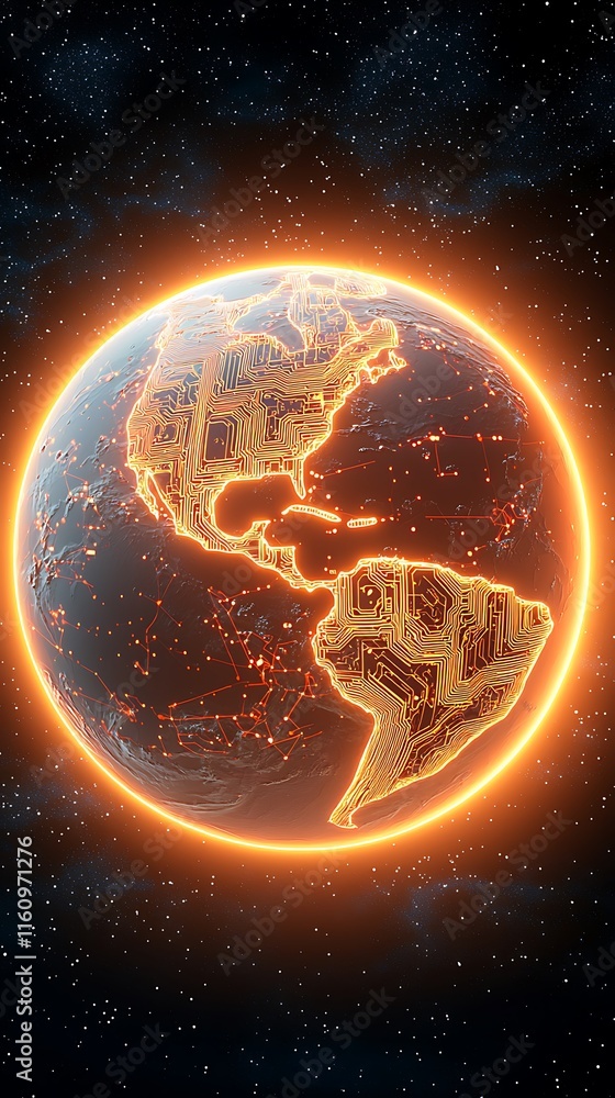Poster futuristic earth glowing with orange circuitry pattern representing technology and innovation in spa