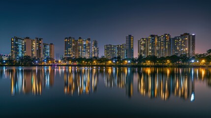 Obraz premium City buildings at night reflect on calm water.