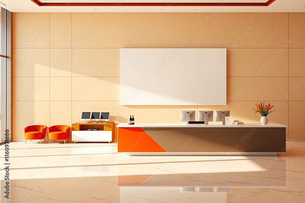 Poster modern lobby reception area: contemporary and minimalist reception design with a blank canvas for br