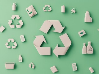 Circular economy concept, recycling symbols integrated with business icons, 3D illustration
