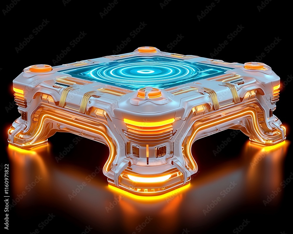 Poster futuristic technology platform with neon lights and advanced interface for digital applications and 