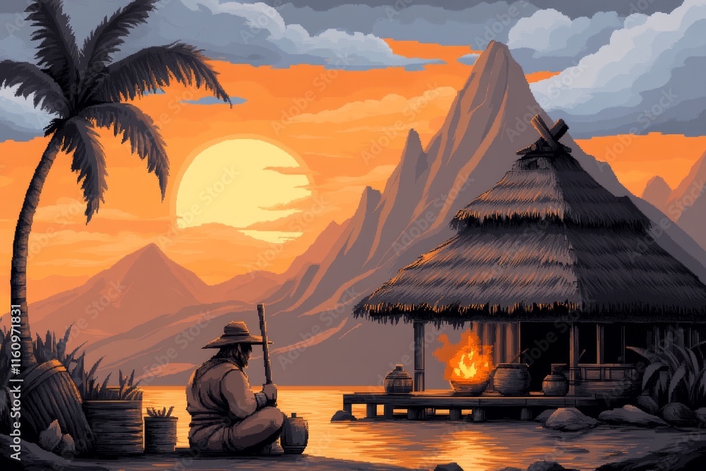 Poster A pixel art character leveling up in a game, with glowing indicators of improved stats like strength, agility, and wisdom