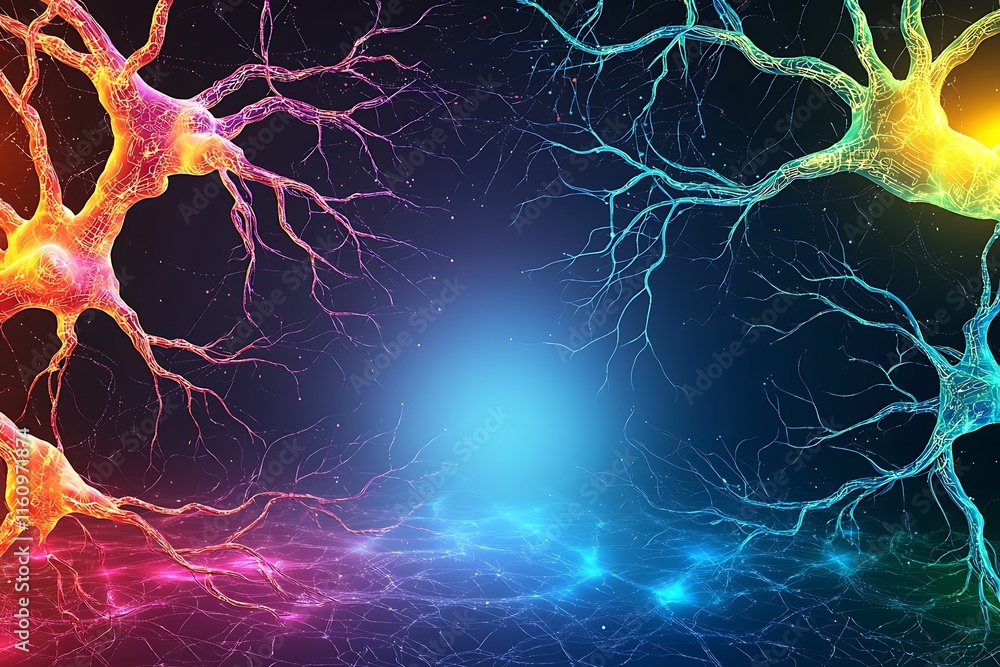 Poster colorful neural network design illustrating connections and synapses in a dynamic, abstract style fo