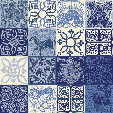 Seamless pattern in the form of tiles with different images. Ethnic elements of Old Ottoman in blue tones.