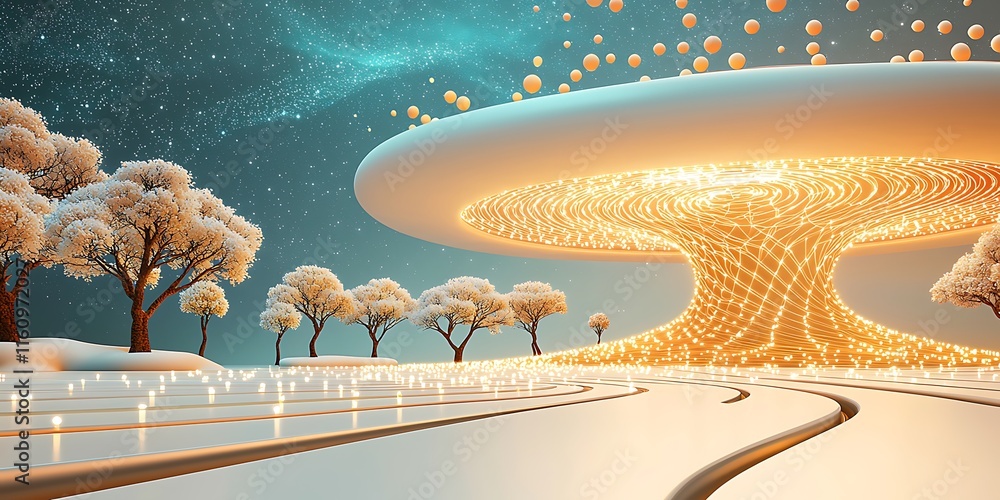 Poster futuristic landscape with glowing energy structure surrounded by stylized trees and starry sky, repr