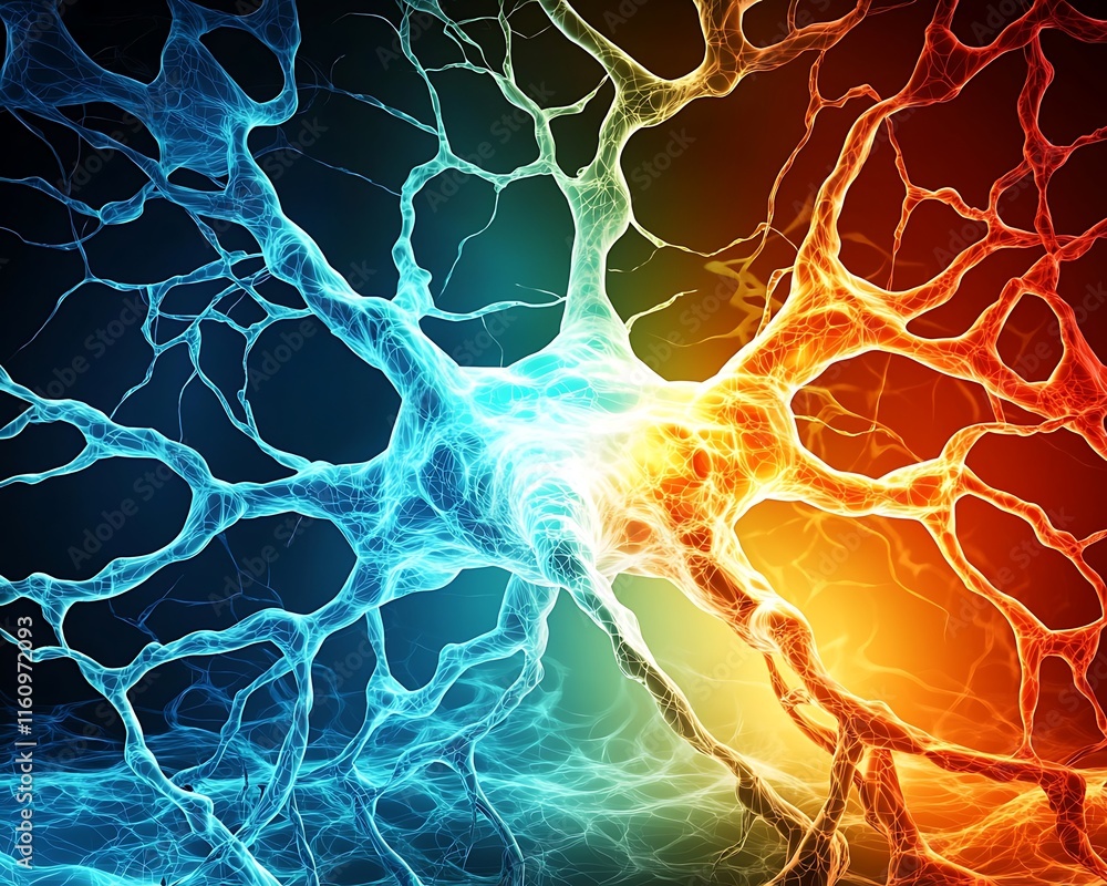 Poster abstract representation of neural connections displaying vibrant colors of blue, orange, and yellow 
