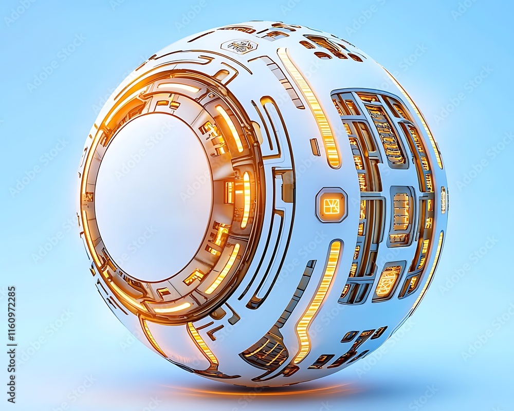 Poster futuristic sphere with intricate circuit design and glowing elements against a soft blue background 