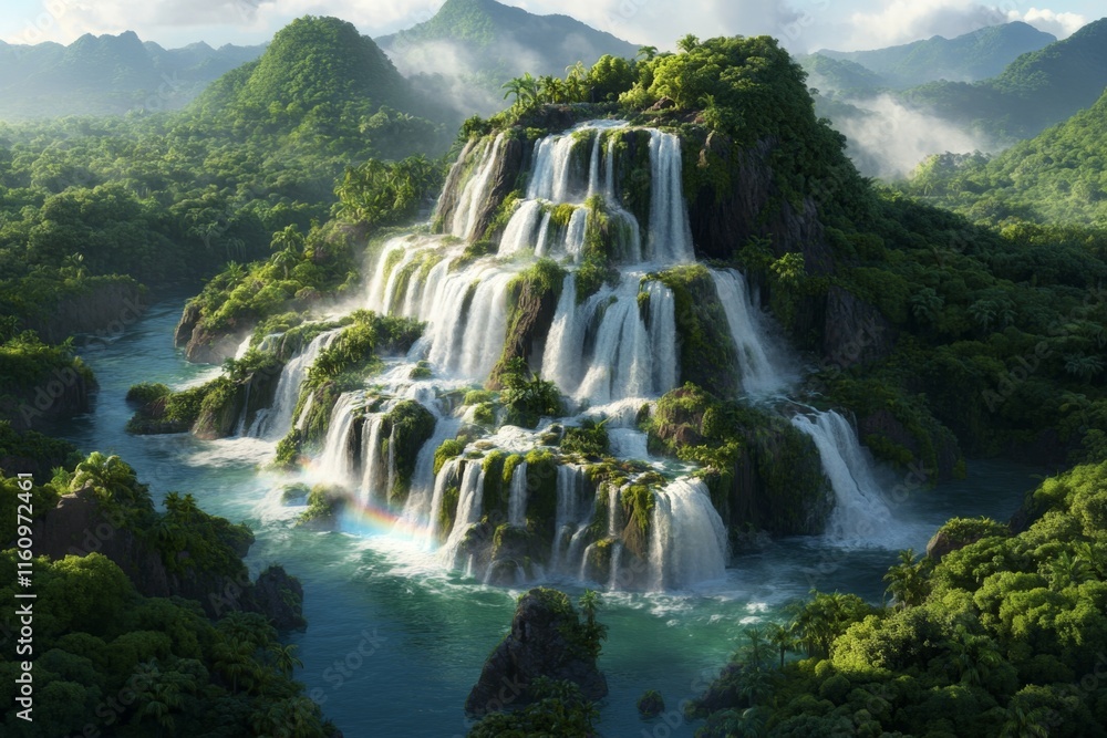 Poster a pixel art depiction of iguazãº falls, with animated cascading water and tiny pixelated rainbows su