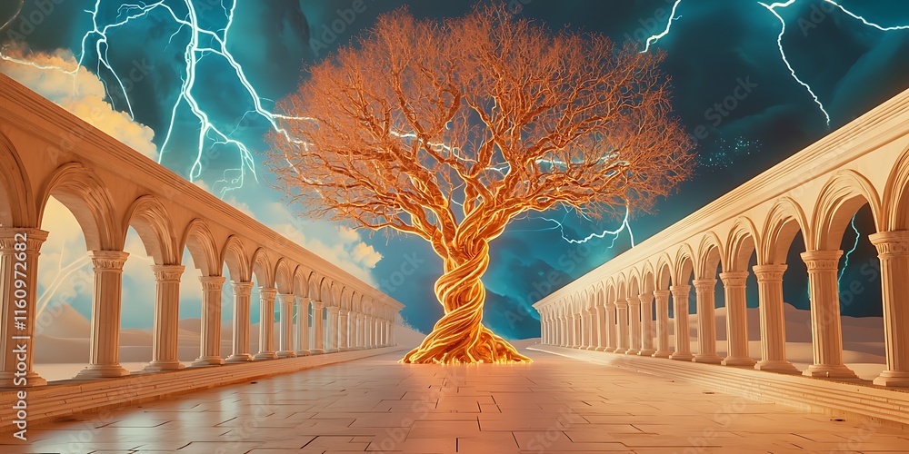 Poster majestic swirling tree illuminated by lightning in a surreal architectural landscape with classical 