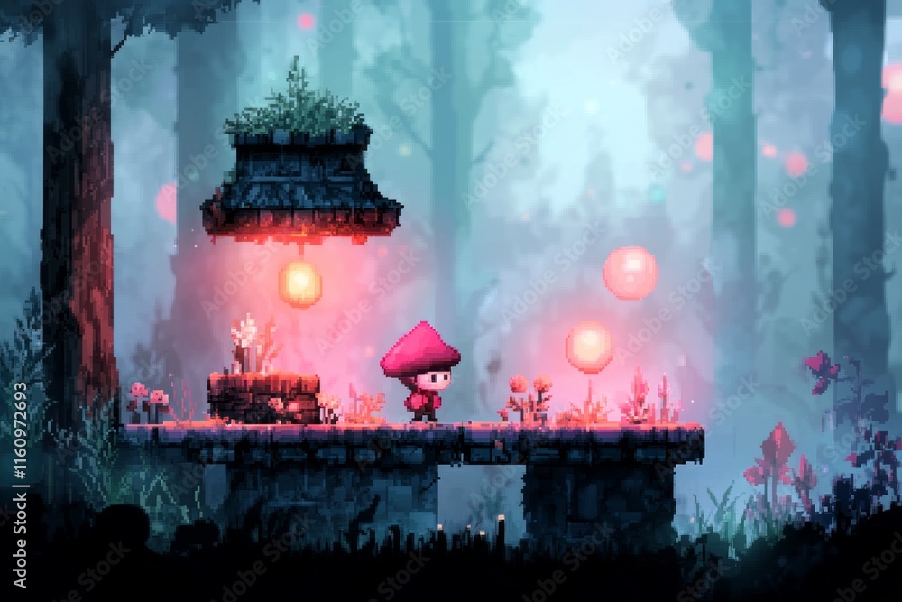 Poster a pixel art depiction of a tiny character traveling across floating platforms in a surreal, dreamlik
