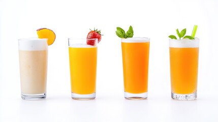 Fototapeta premium A variety of colorful drinks arranged on a white background.
