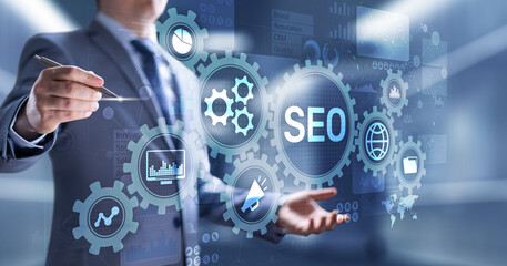 SEO - Search engine optimisation, Digital Internet marketing concept on virtual screen.