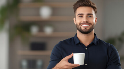 Smiling Man Holding Blank Coffee Cup Mockup Photo: Close-up. AI Generated