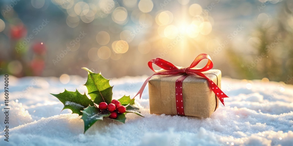 Poster a festive gift box adorned with red ribbon rests in a blanket of sparkling snow, surrounded by holly