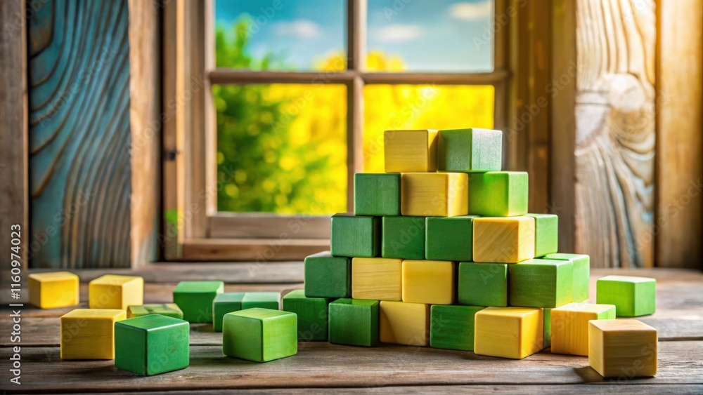 Aufkleber A Wooden Block Tower With Green And Yellow Blocks Is Built In Front Of An Open Window And Sunlit Trees Outside