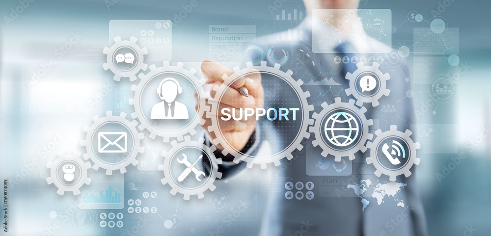 Poster Support button on virtual screen. Customer service and communication concept.