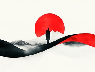 Minimalist Japanese-Inspired Artwork with Red Sun, Silhouetted Figure, Black Hills, Misty Mountains, and Abstract Wave Design