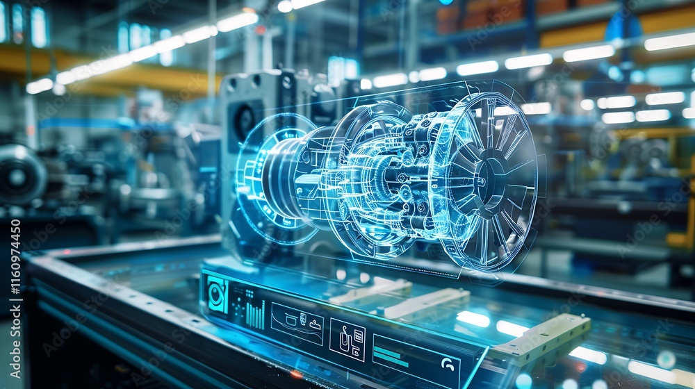 Poster a machine component is overlaid with a glowing blue holographic projection, set within a workshop or
