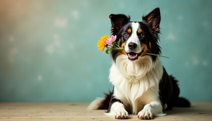 Border collie with flower bouquet in mouth, sitting, floral, farm