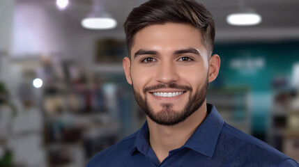 Obraz premium Close-up Photo: Confidently Smiling Man in Modern Office Setting. AI Generated