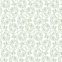 seamless flower pattern of green flower swirl waves tail on a white background 